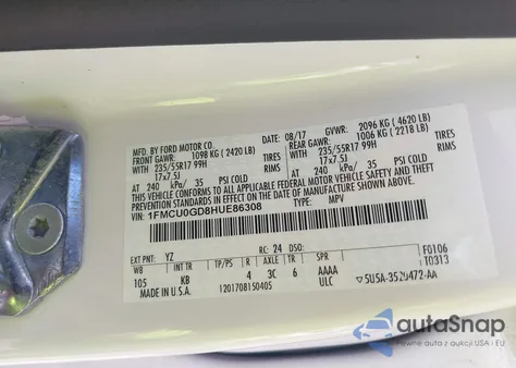 2017 Ford Escape Se z USA, uszkodzony, nr VIN 1FMCU0GD8HUE86308